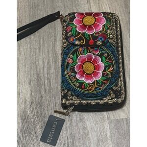 Black Embroidered Fabric Phone Wallet Pink Flowers‎ Detachable Strap